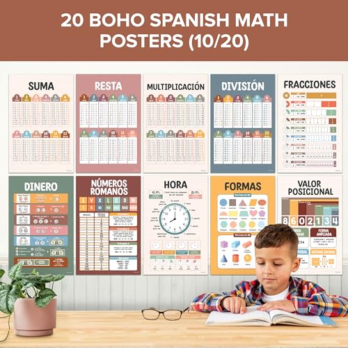 Decorably 20 Boho Spanish Math Posters for Classroom, 11x17in Educational, Matte-Laminated Classroom Decor - for Hallways, Bulletin Boards, Home Study Room