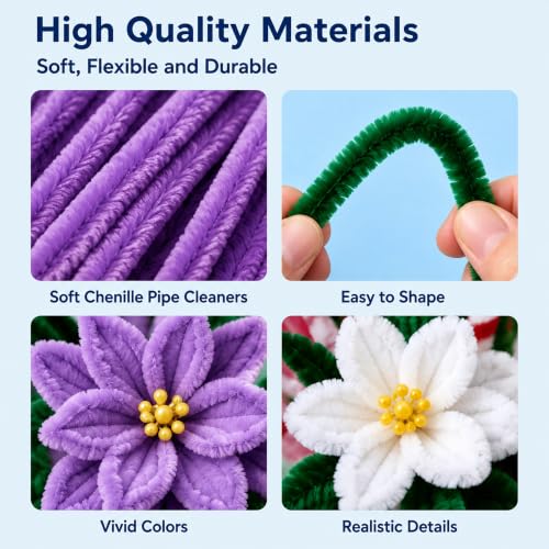 HHSarioneiro 550 Pcs Pipe Cleaner Flower Kit, Complete DIY Flower Bouquet Making Kit, 6 Beautiful Colors, 15 Flower Designs with Step-by-Step Video Tutorials, for Teen Girls and Craft Lovers - color: Blue