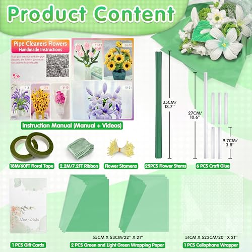 LINAYE 500 PCS Pipe Cleaners Craft, 6 Colors Pipe Cleaners Flowers Kit, Chenille Stems for Crafts with Instruction Wrapping Paper, Flower Stamens, Stems Art and Craft Supplies Green - color: Green