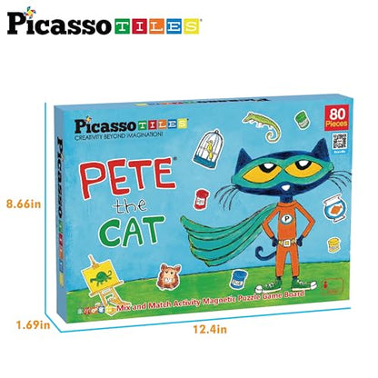 PicassoTiles Pete The Cat 80pc Magnetic Board Game Puzzle Playset Reusable Mix & Match Cartoon Toy with Storytelling, STEM Learning Activity Book and Storage Educational Kids Toys for Ages 3+ PTC02 - style: Pete the Cat Board
