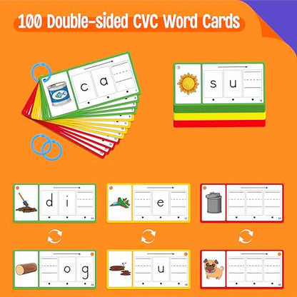 CVC Word Writing Cards, 100 Double-Sided Handwriting Cards 3-Level Short Vowel Spelling Flashcards CVC Sight Words Early Educational Tool for Kids 3 4 5 Years Old (3 Plastic Rings Included) - style: CVC Word Writing Cards