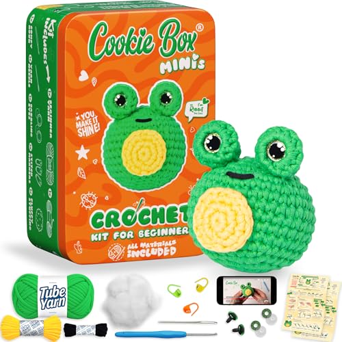 Cookie Box Crochet Kit for Beginners, Frog Mr. Ribbit - color: Green and Yellow