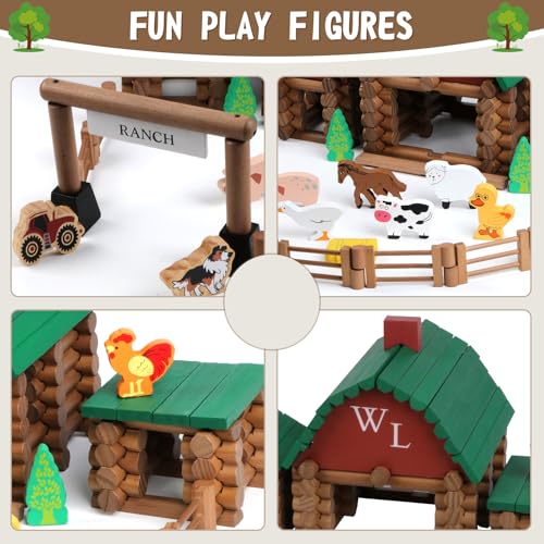 Wondertoys 164 Pcs Wooden Log Set Ranch Real Wood Logs Classic Building Log Ages 3+ Best Retro Farm Building Gift Set Creative Construction Engineering Educational Gifts - style: 164PCS Ranch
