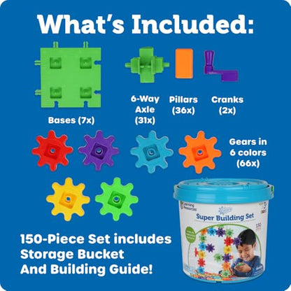 Learning Resources Gears! Gears! Gears! Super Building Toy Set, STEM Toys, Construction Toys, Gears for Kids, 150 Pieces, Ages 3+, Blue