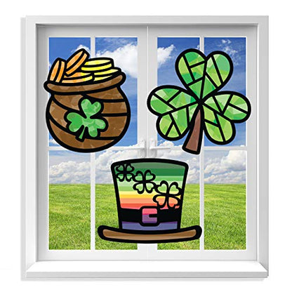 VHALE Suncatchers Craft 3 Sets (9 Cutouts) w Tissue Papers Stained Glass Effect Paper Sun Catcher Kit, Window Art, Classroom Crafts, Creative Art Projects, Kids Party Favors (St. Patrick's Day) - style: St. Patrick's Day