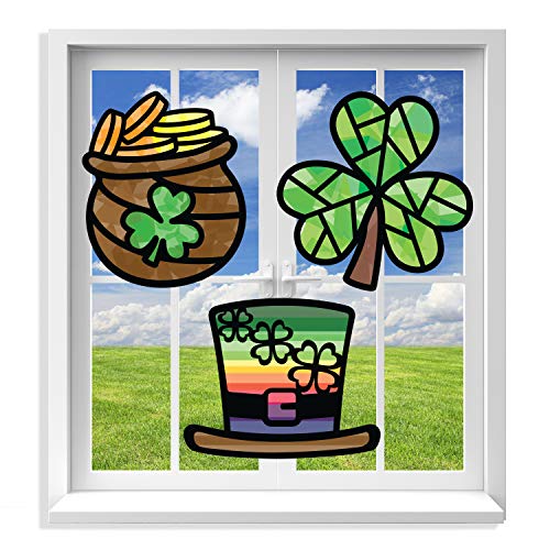 VHALE Suncatchers Craft 3 Sets (9 Cutouts) w Tissue Papers Stained Glass Effect Paper Sun Catcher Kit, Window Art, Classroom Crafts, Creative Art Projects, Kids Party Favors (St. Patrick's Day) - style: St. Patrick's Day