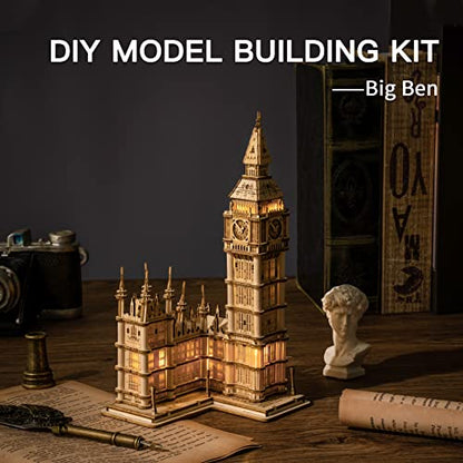 ROBOTIME 3D Puzzle for Adults Wooden Craft Kits for Teens DIY Construction Model Kit with LED Light to Build Educational Big Ben Set Toys Birthday Gifts - color: Big Ben