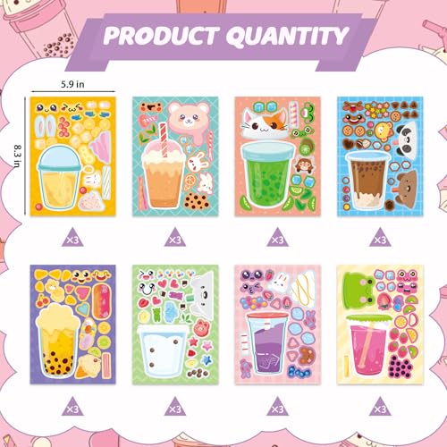 24 Sheets Bubble Tea Make a Face Sticker, Make Your Own Milk Tea Stickers Drink Mix and Match Sticker for Home School Classroom Crafts Activities Reward Birthday Party Favors - style: Bubble Tea