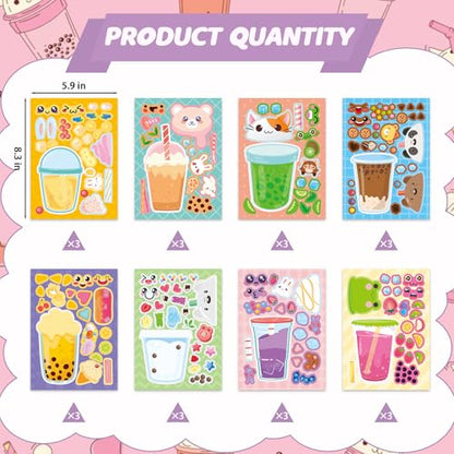 24 Sheets Bubble Tea Make a Face Sticker, Make Your Own Milk Tea Stickers Drink Mix and Match Sticker for Home School Classroom Crafts Activities Reward Birthday Party Favors - style: Bubble Tea