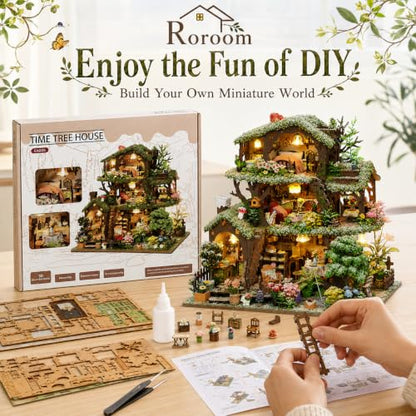 Roroom DIY Miniature House Kit, Snowy Fairy Forest House Dollhouse Kit - color: Time Tree House(snow)