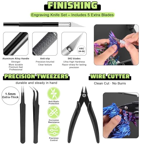 3D Printer Tools Kit, 34pcs 3D Printer Accessories for All FDM/SLA Printers Includes Nozzle Cleaning, Removal Scrapers, Finishing Tools, 5 Types of Files,Brushes, Wire Cutter, Engraving Knife - style: All-purpose Kit
