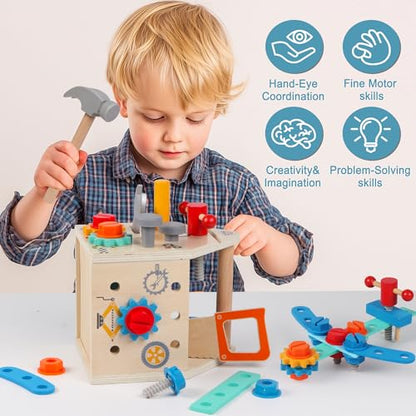 Toddler Tool Kit - 33 PCS Montessori Toddlers Tool Box, Kids Pretend Play Tool Set Age 2-4, STEM Educational Toys for Age 3, Wooden Construction Toys, Boys Birthday Gift 2,3,4,5 Year Old (House)