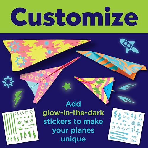 Creativity for Kids Paper Airplane Kit - Stunt Squadron Neon Glow, Makes 70 Paper Airplanes and 2 Plane Launchers, STEM Birthday or Summer Activities for Kids (Ages 6+)
