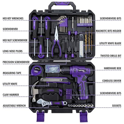 CARTMAN 150PCS 8V Cordless Drill Hand Tool Set, Purple Household Repair Kit - color: Purple