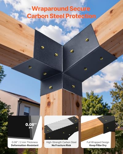 VEVOR Pergola Kit, 4x4 Inch 3-Way Slanted Brackets for 3.5x3.5 Inch Wood Beams in Actual Size, 2-Pack Pergola Brackets with 2 Post Bases and 2 Wall Mount Bases, for Outdoor Pergolas, Gazebos, Sheds - size: 2PC 15°3-Way+4PC Base Post 4*4 SET