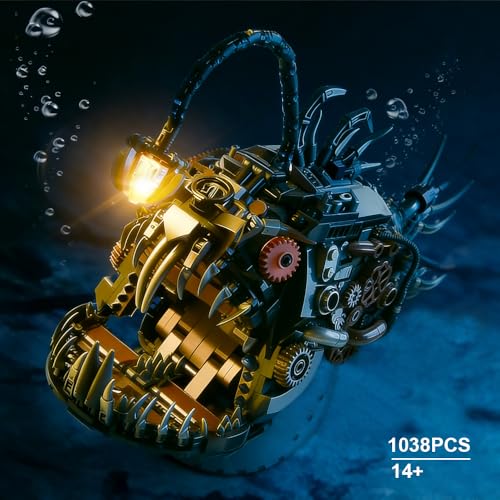 Mechanical Angler Fish Building Set, Compatible with Lego for Adult, Creative Ocean Perfect as an Office or Home décor for Adults(1038PCS) - style: Lantern