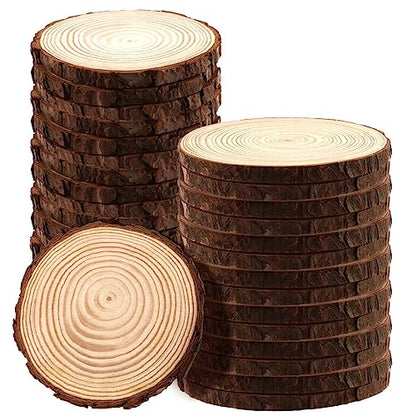 JAPCHET 30 Pack 5-5.5 Inch Natural Wood Slices, 0.4 in Thick Wooden Circle with Bark, Unfinished Wood Log Discs for Christmas and Wedding Decorations