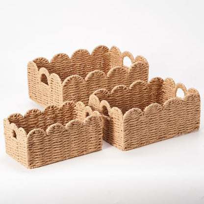 Scalloped Wicker Baskets Set of 3, Hand-Woven Storage with Handles - color: Tan