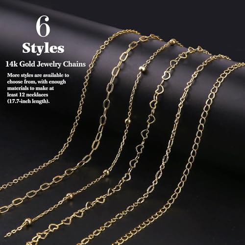 14k Gold Necklace Chains for Jewelry Making, Total 20 Feet 6 Rolls Bracelet Chains for DIY, 3.3 Feet Each Style, 14K Gold Plated Chain with Jump Rings/Lobster Clasps/Connectors - color: Gold 14k 20 Feet 6 Rolls