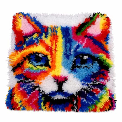 Colorful Cat Latch Hook Pillow Kits for Adults Beginner, Pre-printed Canvas - color: Colorful Cat Head