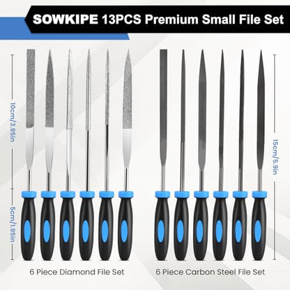 SOWKIPE 13-Piece Needle File Set, 6 Diamond and 6 Steel Files with Case