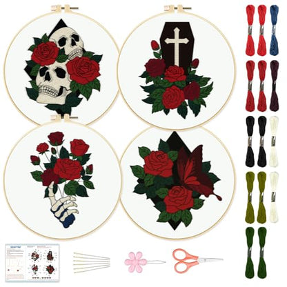 BEUNITONE 4 Set Halloween Skull Embroidery Kit for Beginners Include Hoops - color: 02-Halloween Rose