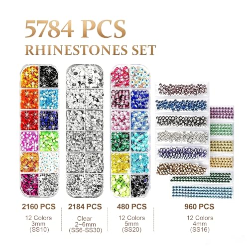 GLTECK Hotfix Applicator, Bedazzler Kit with 5784 PCS Rhinestones for Crafts, DIY Hot Fix Rhinestone Applicator Wand Setter Tool with 7 Tips, 6 Pattern Templates, Gloves, Tweezers & Cleaning Brush