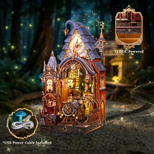Tonecheer Book Nook Kit - Magic Platform, 3D Wooden Puzzle for Adults, Magical DIY Miniature Building Kit with LED Lights, Endless Mirror Effect Decorative Bookend Craft for Home Shelf Decor Gift