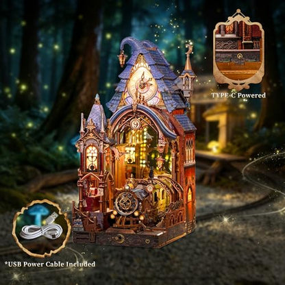 Tonecheer Book Nook Kit - Magic Platform, 3D Wooden Puzzle for Adults, Magical DIY Miniature Building Kit with LED Lights, Endless Mirror Effect Decorative Bookend Craft for Home Shelf Decor Gift