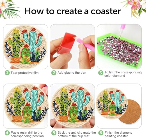 mrpwnle 8 Pcs Diamond Art Coasters Kits, Cactus Diamond Painting Coasters - color: Cactus