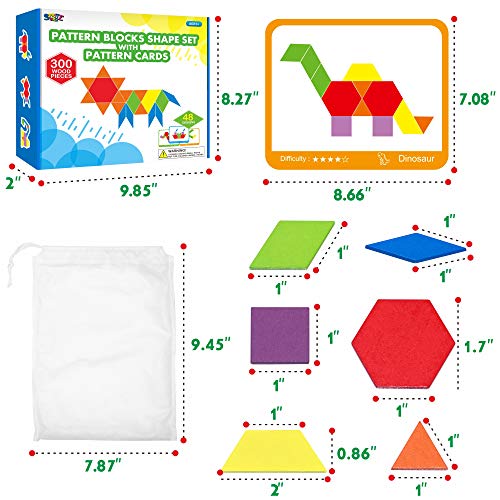 SpriteGru 300 PCS Wooden Pattern Blocks Set for Kids with 24 Double-Sided Design Cards(48 Patterns) and Storage Bag in Gift Box,Fun Montessori Learning Toys - style: 300 Pcs Blocks Set
