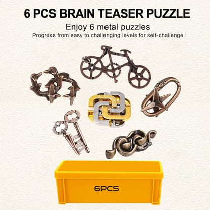 6 PCS Metal Brain Teaser Puzzles for Adults and Kids, Disentanglement Metal Logic Puzzle Set, IQ Mind Challenge Brain Games Toy Gift(6PCS Metal A)