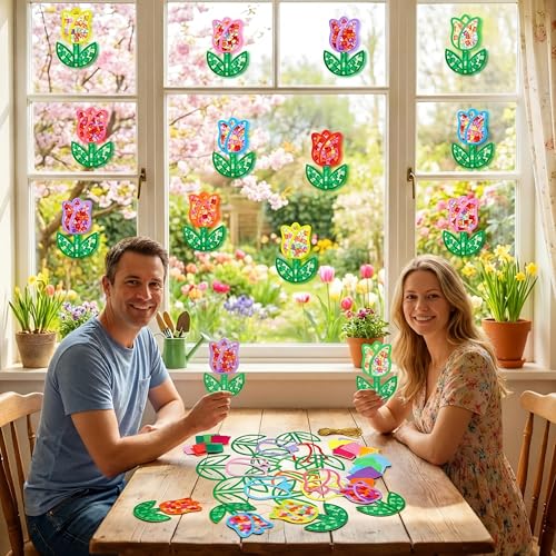 DoubleFill 48 Pcs Tulips Suncatchers Kits DIY Summer Stained Glass Effect Tissue Paper Kits Bulk for Window Decor Ornament Home Art Activities - style: Tulips