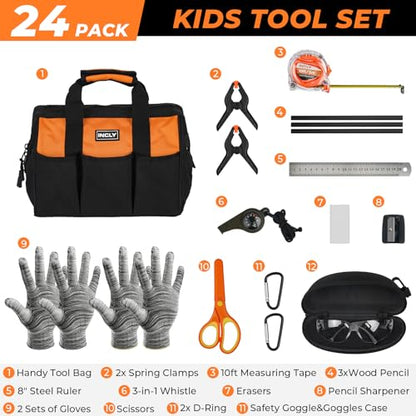 INCLY 24 PCS Kids Real Tool Set with Tool Bag, Small Real Hand Tools Kit - color: Orange