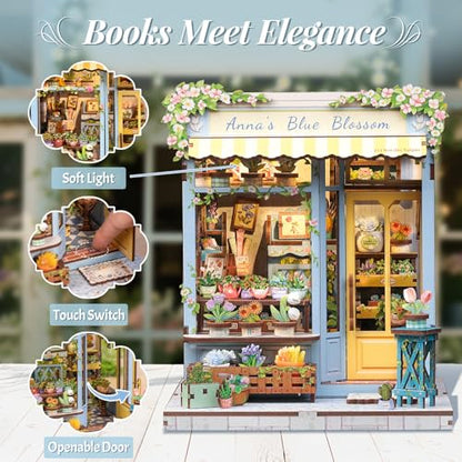 Book Nook Kit, DIY Miniature House Kits for Adult and Teens, Dollhouse Tiny Booknook Garden House Bookshelf, DIY Craft Gifts for Family and Friends (Anna's Blue Blossom) - color: Anna's Blue Blossom