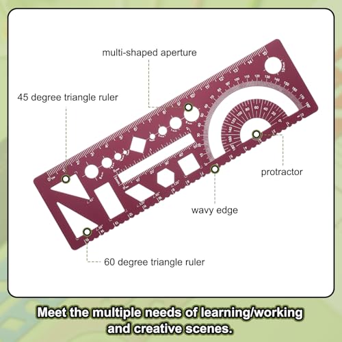 HARFINGTON Multifunctional Geometric Rulers 15cm Metric and SAE Aluminum Straight Edge Protractor Angle Math Measuring Ruler Geometric Drawings Templates for Drawing Drafting, Dark Red - color: Dark Red