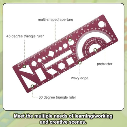 HARFINGTON Multifunctional Geometric Rulers 15cm Metric and SAE Aluminum Straight Edge Protractor Angle Math Measuring Ruler Geometric Drawings Templates for Drawing Drafting, Dark Red - color: Dark Red