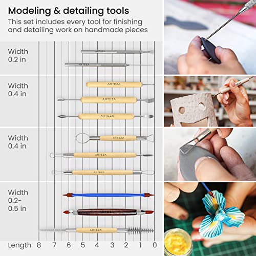 Arteza Pottery & Polymer Clay Tools, 42-Piece Sculpting Set, Steel Tip Tools with Wooden Handles, for Pottery Modeling, Smoothing, Carving & Ceramics - size: Set of 42