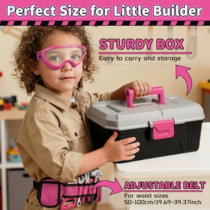 KidBloom Kids Tool Set, 50 Pcs Toddler Tool Set with Kids Tool Belt - color: Pink