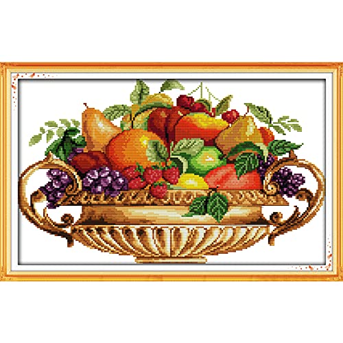 CROSSDECOR Stamped Cross Stitch Kits Full Range of Easy Patterns Embroidery Starter Kits for Beginners，Printed Cross-Stitch Kits for Home Decor DIY 14CT 2 Strands-Fruit Dish，17x11 inch - color: Fruit dish, 17x11 inch