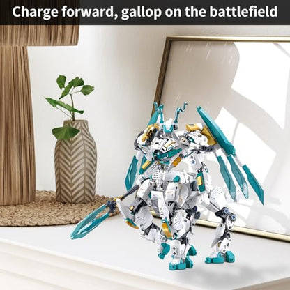CSNRHG White Horse Dragon Samurai mech Robot Model Knight 2 in 1 Building Blocks Toy Set Mythical Birthday for Age 8+ Children Adults Teens 731 Pieces - color: White Dargon Horse
