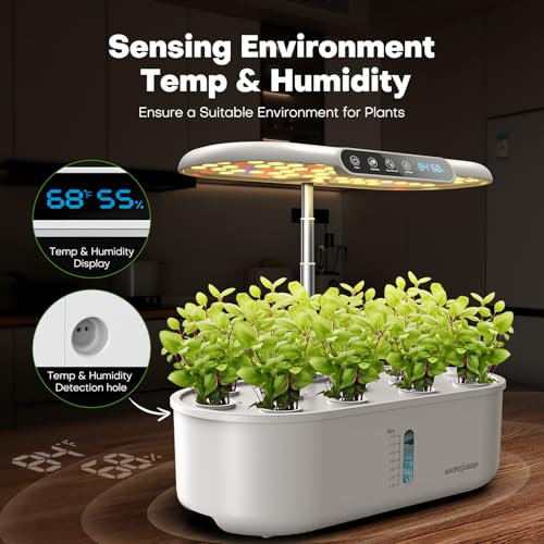 Ahopegarden Hydroponics Growing System with 12 Pods, Indoor Garden Kit with LED Grow Light & LCD Temp Humidity Display, Smart Quiet Pump Planter for Herbs, Lettuce, Vegetables, Kitchen Garden Use