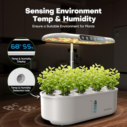 Ahopegarden Hydroponics Growing System with 12 Pods, Indoor Garden Kit with LED Grow Light & LCD Temp Humidity Display, Smart Quiet Pump Planter for Herbs, Lettuce, Vegetables, Kitchen Garden Use