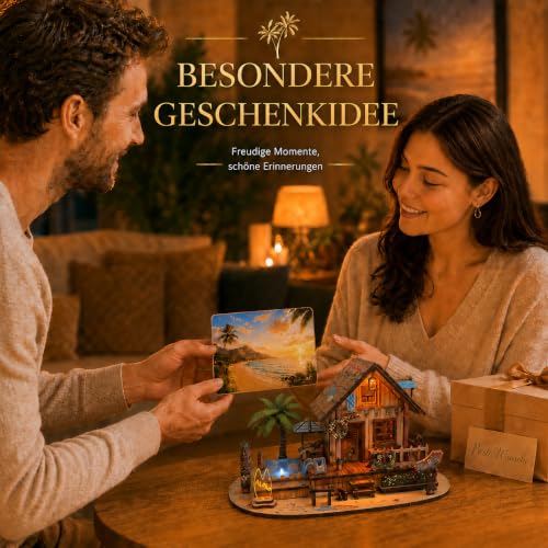 LED 3D Wooden Puzzle for Adults, DIY Miniature Hawaiian Beach House,Decor