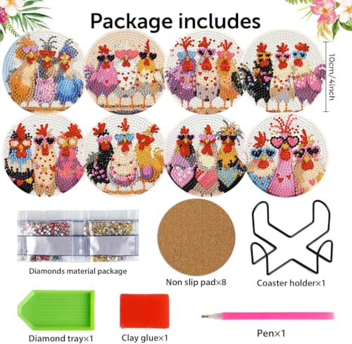 Zythron 8 Pack Diamond Art Coasters,Chicken Diamond Painting Coasters Kits - color: Three Chickens Coasters