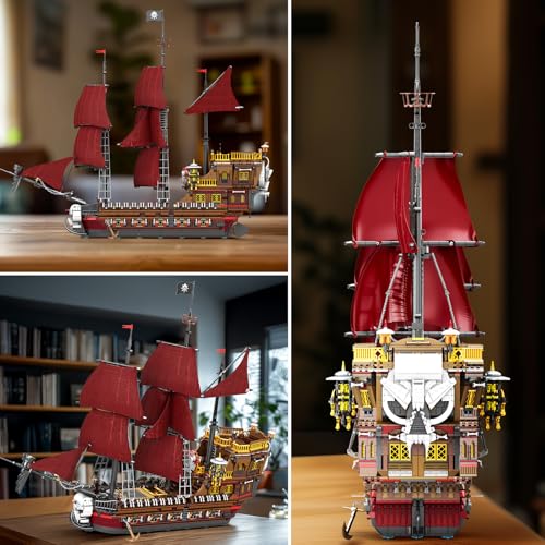 Reobrix Pirate Ship Building Set for Adults 66010, 2776PCS Large Red Sail Pirate Ship Model Kit, 34.6 in Collectible Sailing Ship Building Blocks, Display Gift for Teens Adults 14+