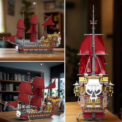 Reobrix Pirate Ship Building Set for Adults 66010, 2776PCS Large Red Sail Pirate Ship Model Kit, 34.6 in Collectible Sailing Ship Building Blocks, Display Gift for Teens Adults 14+