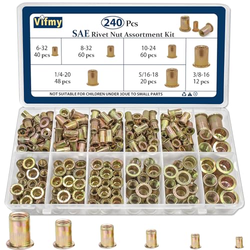 SAE Rivet Nut Assortment Kit,240Pcs #6-3/8 Zinc Plated Rivnuts Insert - color: Yellow, size: SAE Assortment - 240 Pcs