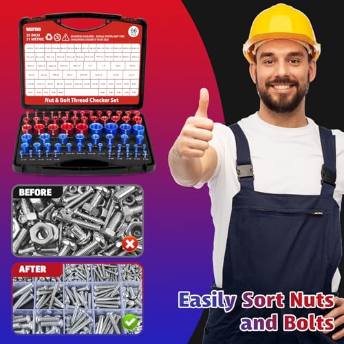 66 Pcs Thread Checker Nut and Bolt Thread Checker Set with 35 Inch and 31 Metric Box Set Thread Gauge for Tight Spaces SAE and Metric Sizes Ideal for Bolt and Nut Size Checking
