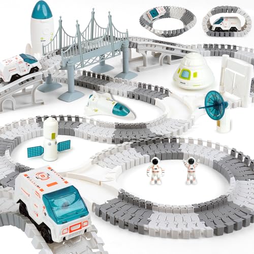 GIAT Race Car Tracks Set - Birthday Gift for 3 4 5 6 7 Year Old Boys, 290+ PCS Flexible Train Track Kit for Kids, Interactive Toy with Cars and Rocket - color: White Space Race Track Set